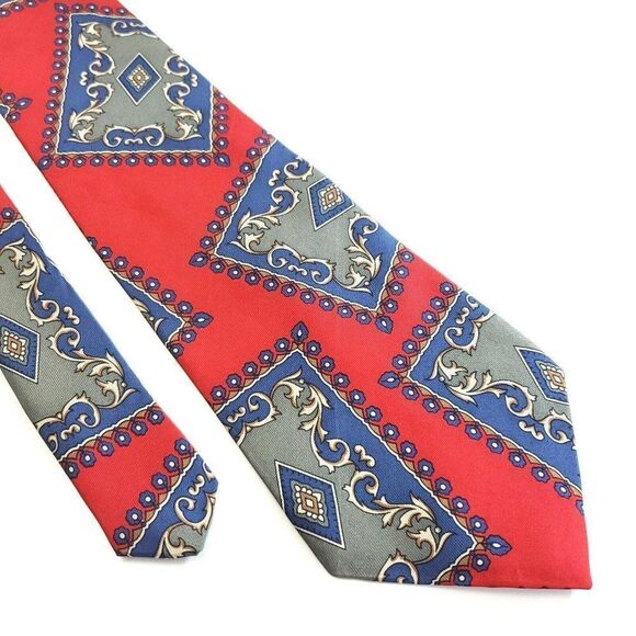 Secundum Antem Red Blue Baroque Abstract Print Wide Silk Tie - Picture 1 of 5